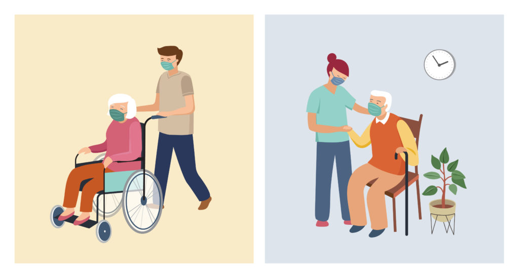 Illustration alte Menschen mit Pfleger in medizinischer und pflegenderEinrichtung